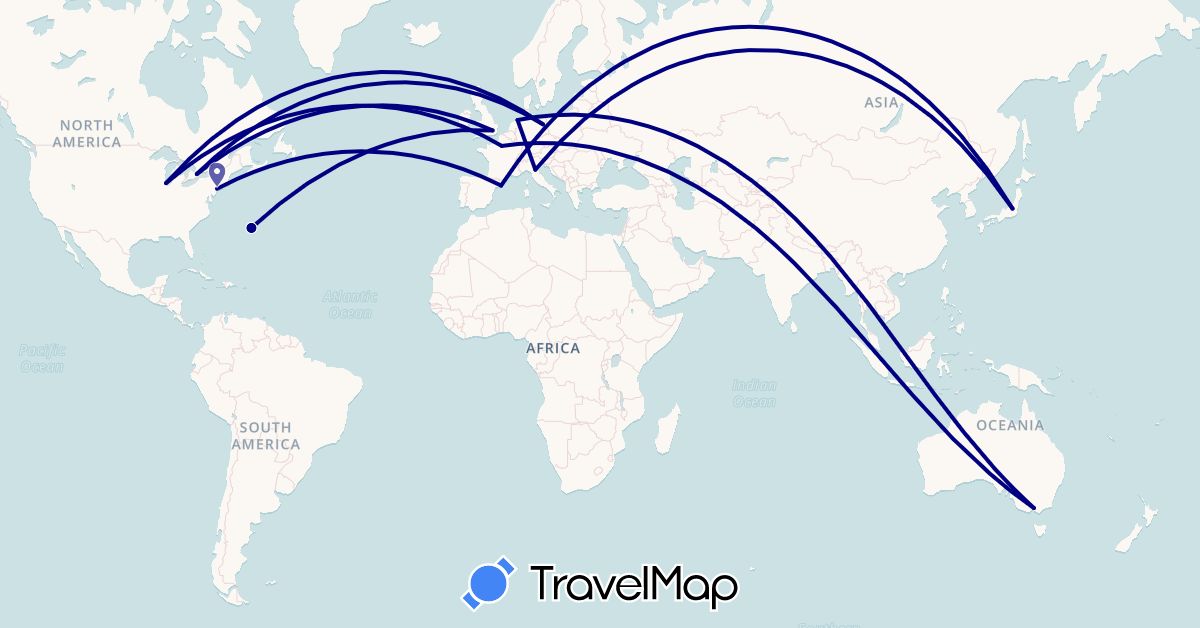 TravelMap itinerary: driving in Australia, Bermuda, Canada, Germany, Spain, France, United Kingdom, Italy, Japan, Netherlands, United States (Asia, Europe, North America, Oceania)
